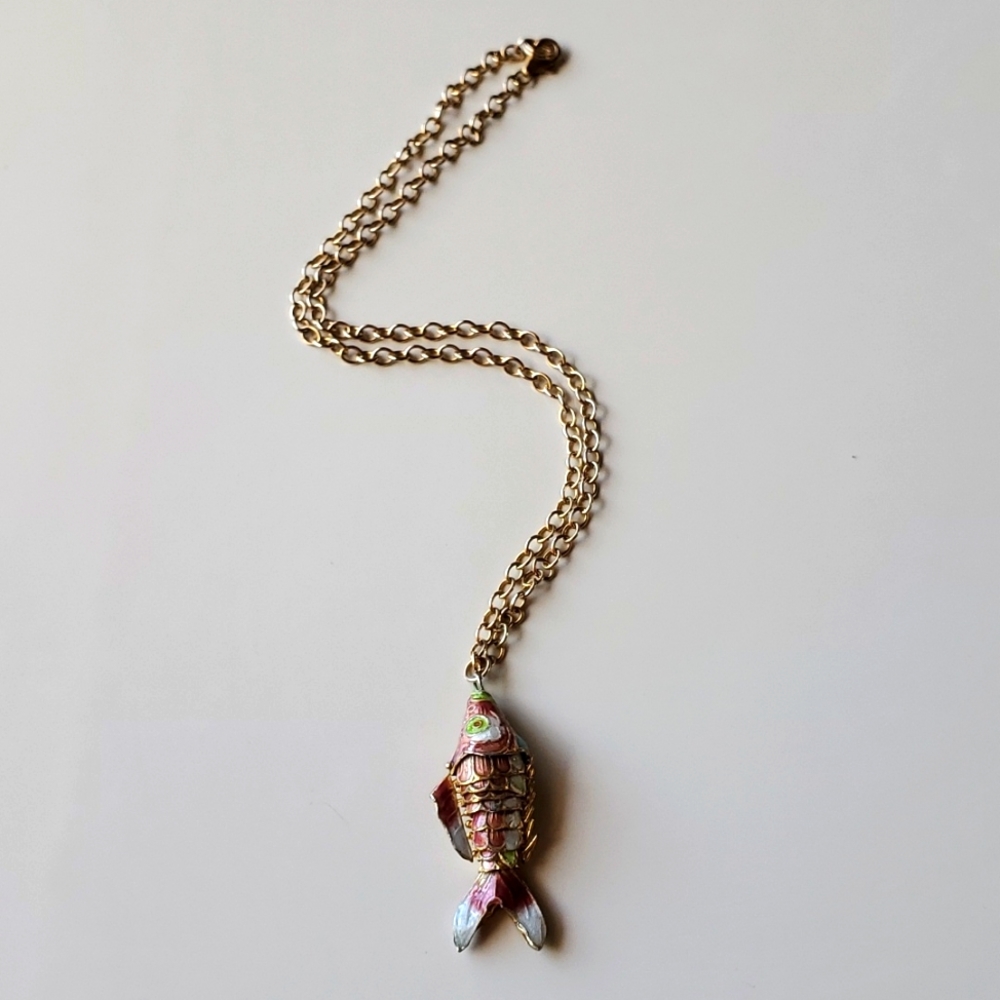 Gold Cloisonne Articulated Fish Pendant with Gold Tone Necklace